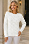 Women's Crew Neck Long Sleeve Openwork Knit Patterned Stylish Soft Textured Casual White Knitwear Sweater - 5