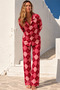 Women's Shirt Collar Patterned Red Pajama Set - 2