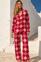 Women's Shirt Collar Patterned Red Pajama Set
