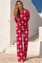Women's Striped Cotton Long Sleeve Home Style Red Pajama Set - 2