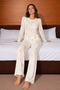 Women's Crew Neck Home Style Ecru Pajama Set - 6