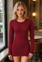 Women's Crew Neck Long Sleeve Stretchy Soft Textured Ribbed Slim Fit Bodycon Comfortable Elegant Casual Burgundy Knitwear Mini Dress Tunic - 2