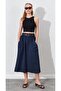 Women's Navy Blue Palaska Belted Gabardine Skirt with Front Pockets - 2