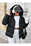 Women's Black Water Repellent Hooded Short Inflatable Coat Loose Fit Puffer - 2