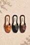 Women's 3-Piece Tan Black Brown Banded Hrms Leather Look 1 cm Flat Sole Slipper Set Byndst01 - 2