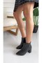 Larina Black Women's Pointed Toe Leather Look Thick Heeled Bootie - 5