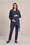 Women's Navy Blue Lace Maternity Pajama Set with Dressing Gown for Easy Breastfeeding - 2