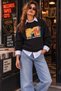 Women's Oversize Sweatshirt 90S Retro Mtv Printed 3 Thread Crew Neck - Black - 2
