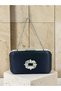 Navy Blue Satin Silver Metal Detailed Crystal Stone Embroidered Chain Strap Women's Evening Dress Bag Wedding Engagement Graduation - 3