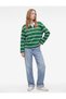 Relaxed Fit Cotton Brushed Buttoned Polo-Collar Striped Sweatshirt