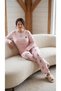 Women's Winter Plus Size Embroidered Patterned Collar Buttoned Long Sleeve Pajama Set