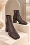 Mila Women's Brown Matte Blunt Toe Zippered Thick Heeled Daily Stylish Boots - 4