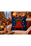 Merry Reindeer Christmas Deer and Bell Patterned Red Navy Blue 3D Knitted Look 2-Piece Decorative Throw Pillow Cover Set - 3