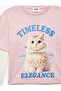 Cat Printed Cotton Crew Neck Long Sleeve T-Shirt with Lace Detail - 3
