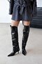Velin Women's Over-The-Knee Foldable Detailed Wrinkled Leather Boots Black
