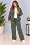 Women's Elastic Waist, Adjustable Drawstring, Wide Leg, Jacketed Tracksuit Set C7140-Khaki