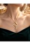 Gold Color Zircon Stone Butterfly Detailed Round Design Steel Necklace - 2