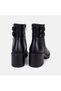 Women's Black Double Belt Buckle Thick Heeled Leather Boots - 5