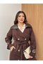 Women's Leather Collar Detailed Belted Trench Coat - 4