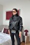 Black Collar Belt Detailed Leather Jacket - 8680