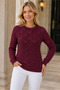 Women's Long Sleeve Round Neck Openwork Woven Detailed Stylish Soft Textured Trendy Casual Burgundy Knitwear Sweater - 2