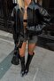 Black Zippered Waist Belted Bomber Women's Short Leather Jacket - 4