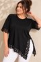 Women's Plus Size Black Verev Cut Lace Detail Side Open Short Sleeve Stretchy Viscose Blouse