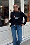 Black Dach Embroidered Raglan Sleeve Crew Neck Dickey Stitch Women's Knitwear Sweater - 2