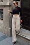 Beige Wide Leg Scuba Suede Women's Trousers