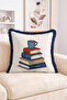 Book Tower and Coffee Cup Pattern Throw Pillow Cover with Fringe and Tassels for Book Lovers - 2