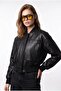 Bomber Coated Pilot Zippered Double Pocket Ribbed Black Leather Jacket