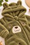 Baby Boy Jumpsuit Welsoft Sweet Teddy Bear Embroidered Plush Hooded Zippered Cuffed Winter Jumpsuit 0-12Months - 4