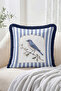 Vintage Bird and Flower Branch Pattern Blue Striped Fringed-Tasseled Throw Pillow Cover