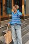 Blue Double Striped Polo Collar Buttoned Low Sleeve Women's Knitwear Sweater - 3