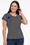 Women's Verev Striped Floral Appliqued Short Sleeve Lycra Viscose Plus Size Blouse - 2