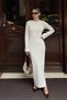 Beige Ribbed Crew Neck Spanish Sleeve Women's Knitwear Dress - 4