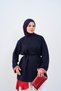 Women's Sweatshirt with Striped Collar and Sleeves, Tie at the Waist, Navy Blue - 2