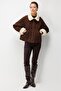 Women's Plush Detailed Suede Coat with Belted Collar, Brown - 3