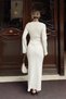 Beige Ribbed Crew Neck Spanish Sleeve Women's Knitwear Dress - 6