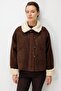 Women's Plush Detailed Suede Coat with Belted Collar, Brown