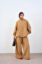 Women's Elastic Waist Button Detail Balloon Sleeve Set Mink
