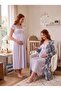 New Season Gray Patterned Buttoned Special Design Lace Detailed Wide Strap 100% Cotton Maternity Pajamas Nightgown Set - 7