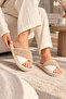 Women's Beige Plush Cross-Strapped Home Slippers Non-Slip Sole, Soft and Warm House Slippers - 2