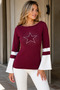 Women's Boat Neck Long Sleeve Spanish Sleeve Stone Star Detail Relaxed Fit Modern Elegant Trend Soft Textured Casual Burgundy White Knitwear Sweater - 5