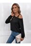 Women's Long Sleeve Single Shoulder Cross Stripe Detailed Viscose Two Thread Blouse - 3