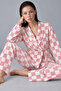Women's Double Breasted Collared Checkered Belted Waist Pink Pajama Set 4785 - 4