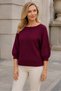 Women's Boat Neck Raglan Sleeves Balloon Sleeve Woven Detailed Comfortable Fit Soft Textured Elegant Casual Burgundy Knitwear Sweater - 6