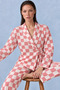 Women's Double Breasted Collared Checkered Belted Waist Pink Pajama Set 4785 - 3
