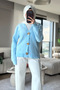 Women's Gold Buttoned Soft Textured V-Neck Knitwear Cardigan 2631 - Baby Blue - 2
