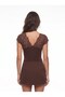 Bitter Brown Stretchy Fabric V-Neck Short Sleeve Body Hugging Blouse with Lace Detail - 3